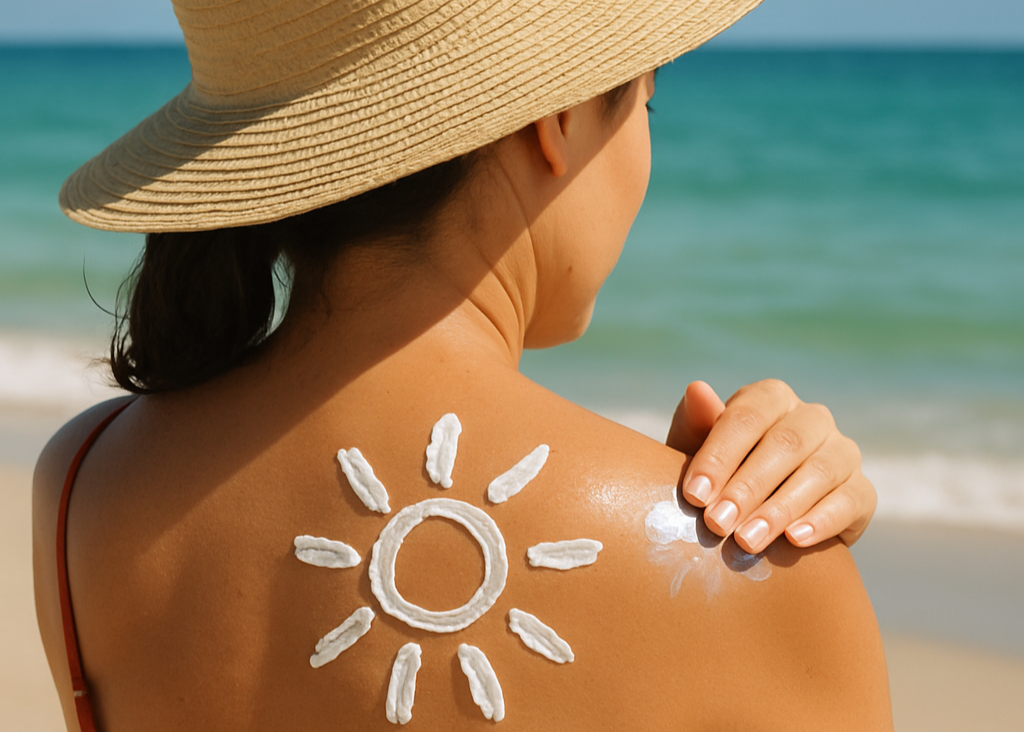 Everyday beach moment showing healthy, moisturized skin—achieved through a gentle, easy skincare routine that fits your lifestyle. Sunscreen applied in the shape of a sun