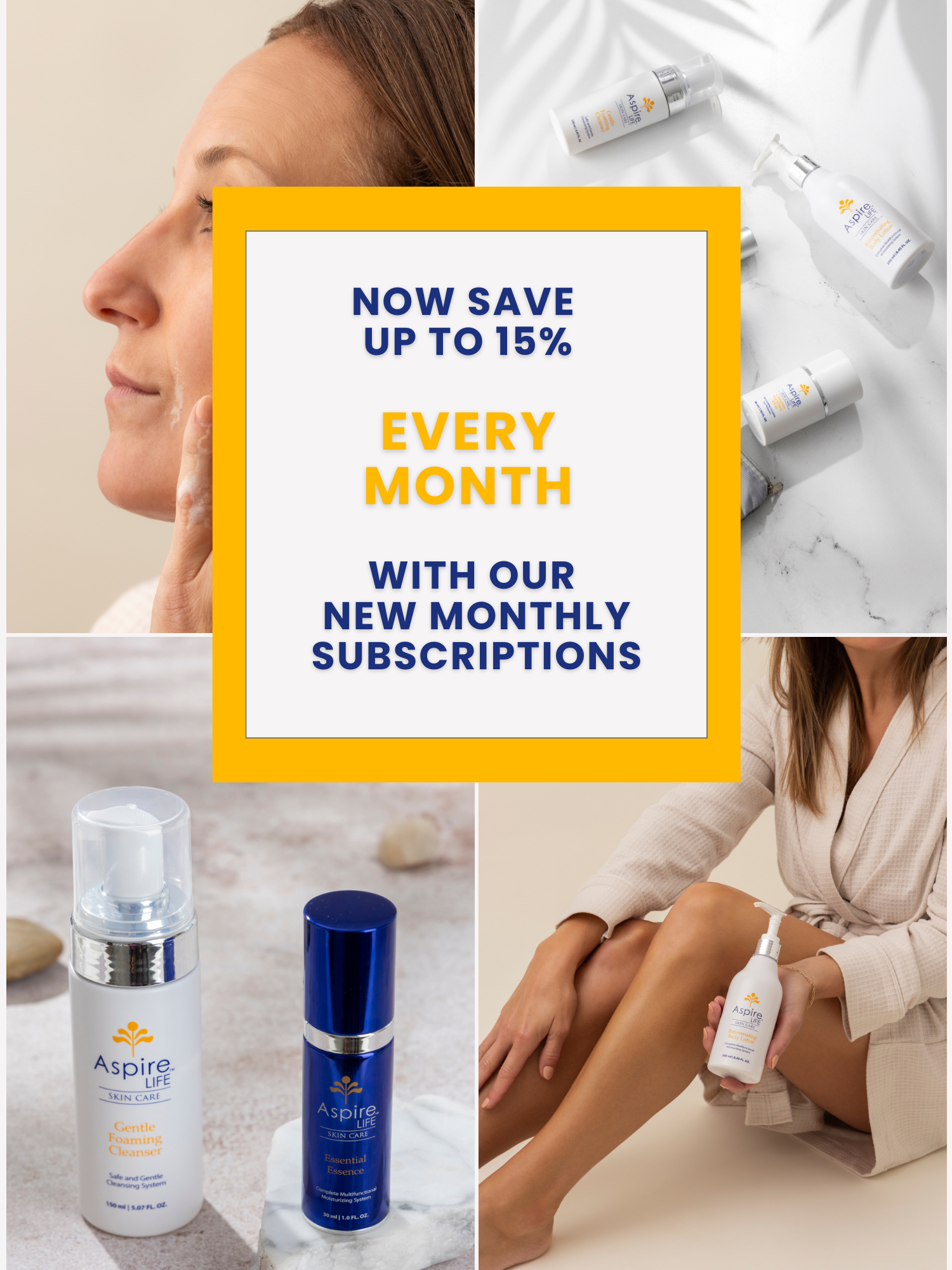 New subscription discounts mobile banner for monthly skincare product subscriptions from AspireLIFE