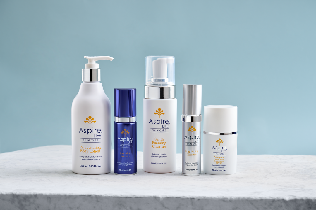 AspireLIFE® Complete Skincare Regimen providing a full routine for cleansing, hydration, brightening, and daily sun protection with clean, effective formulas.