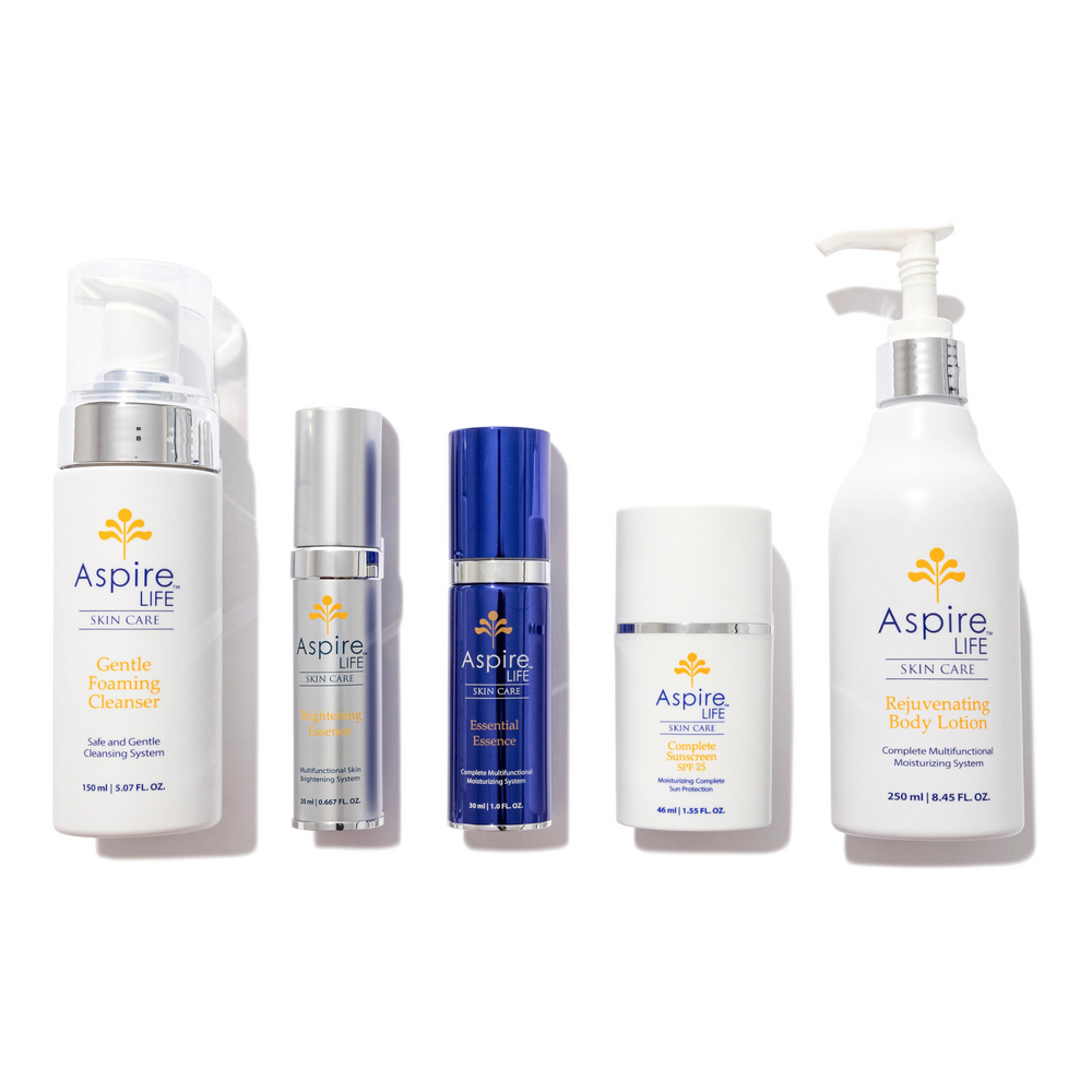 AspireLIFE® Complete Skincare Regimen – all-in-one system featuring cleanser, moisturizers, and SPF for complete skin wellness.