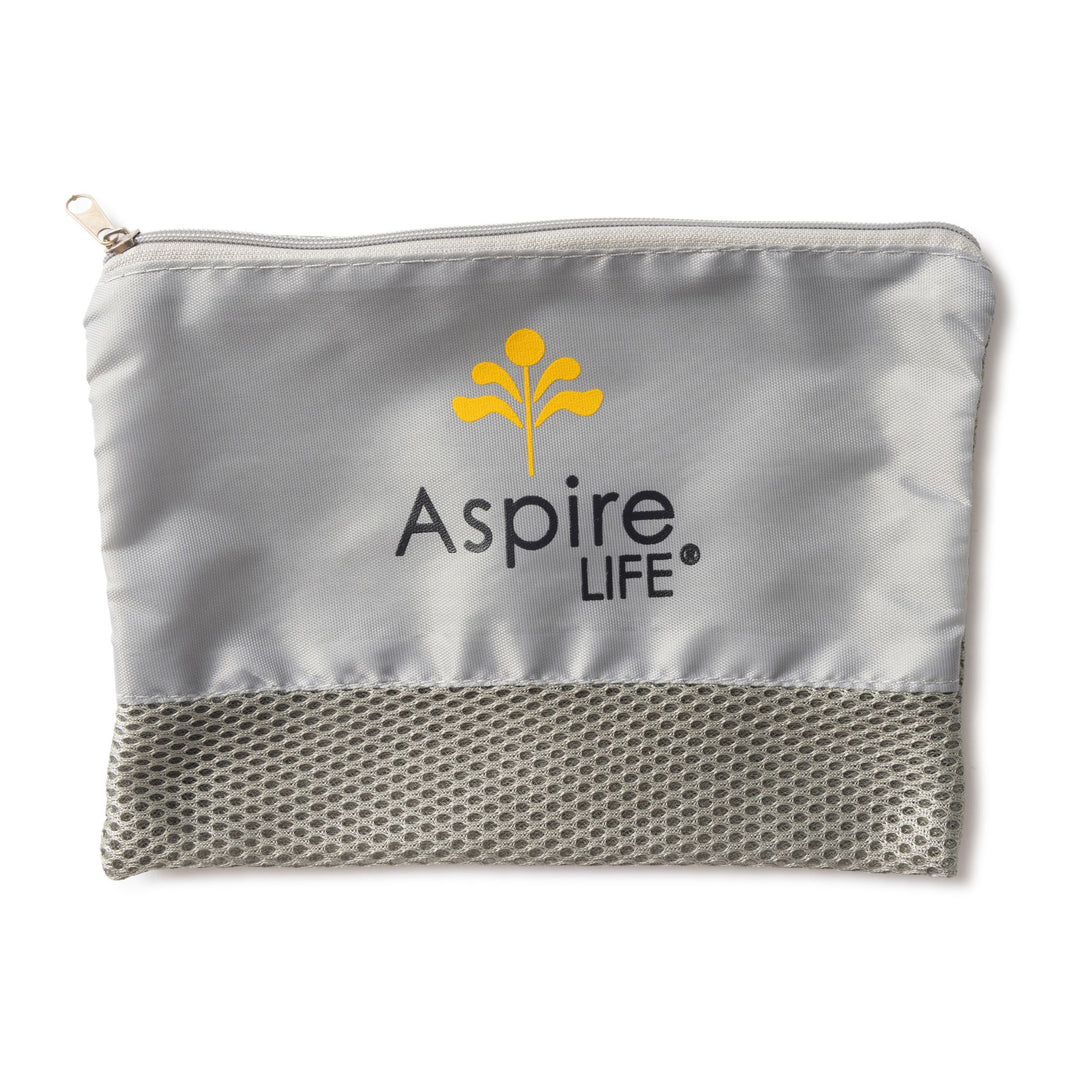 AspireLIFE® branded mesh bag – breathable, lightweight travel pouch for carrying skincare essentials on the go.