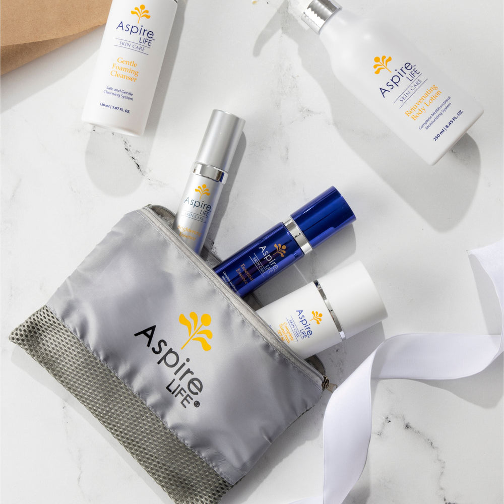 AspireLIFE® branded mesh bag – breathable, lightweight travel pouch for carrying skincare essentials on the go.