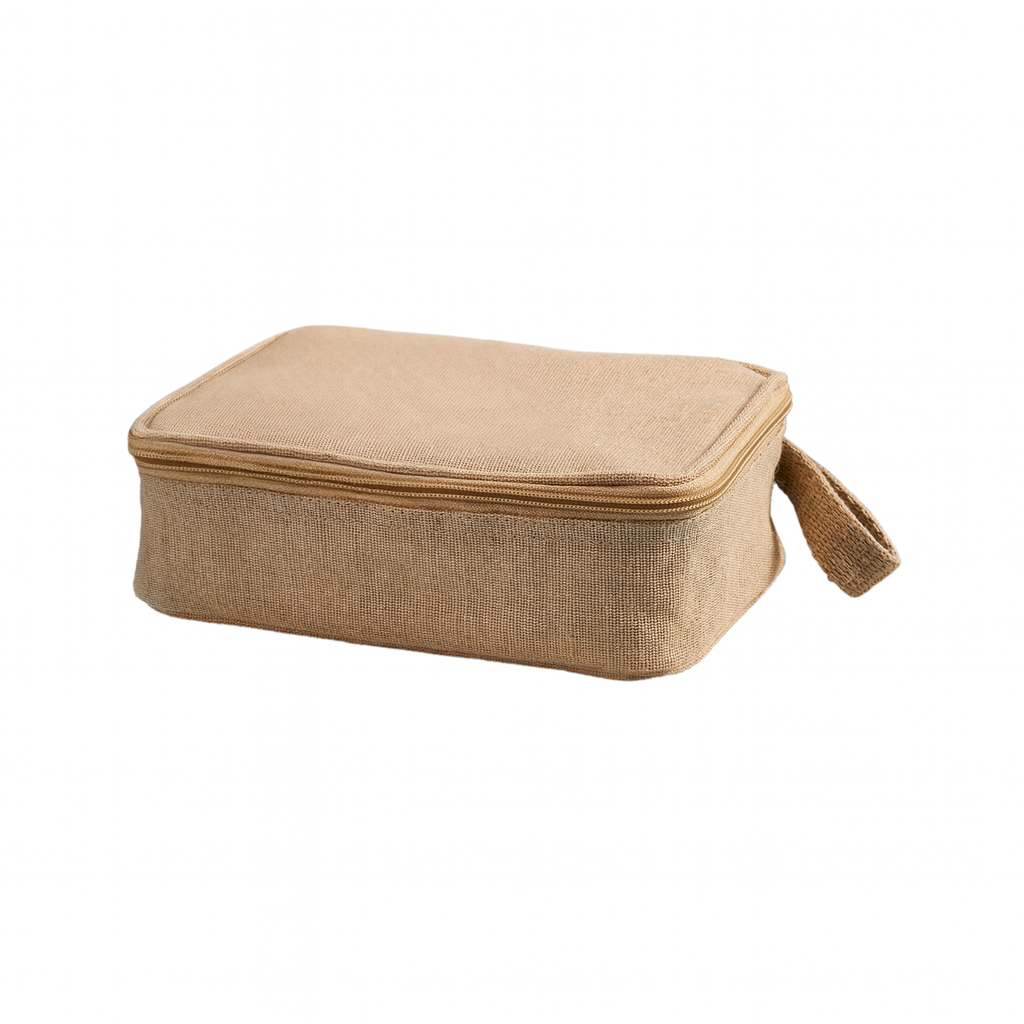 Sustainable jute-blend travel dopp kit included free with AspireLIFE® skincare orders for convenient, eco-friendly product storage.