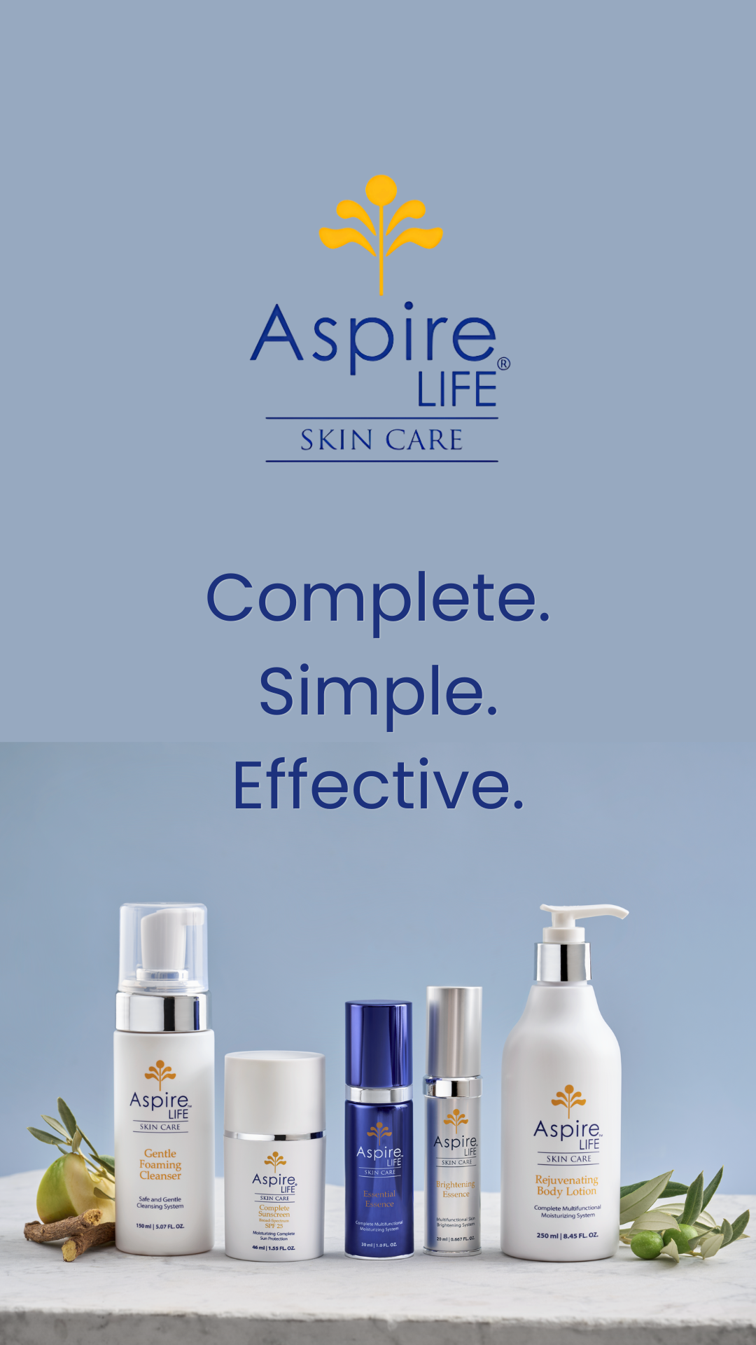 Aspire Life skincare products on a light blue background with brand logo and tagline.