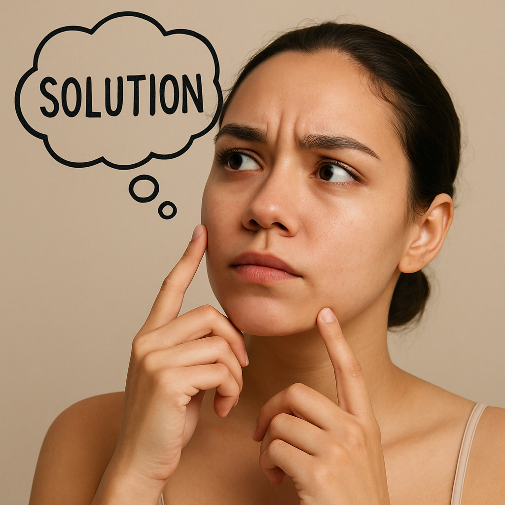Woman questioning a solution to get  the results of a simple skincare routine using clean moisturizer and lotion. Keywords: skincare, skin care, moisturizer, simple skincare, skincare simplified.

