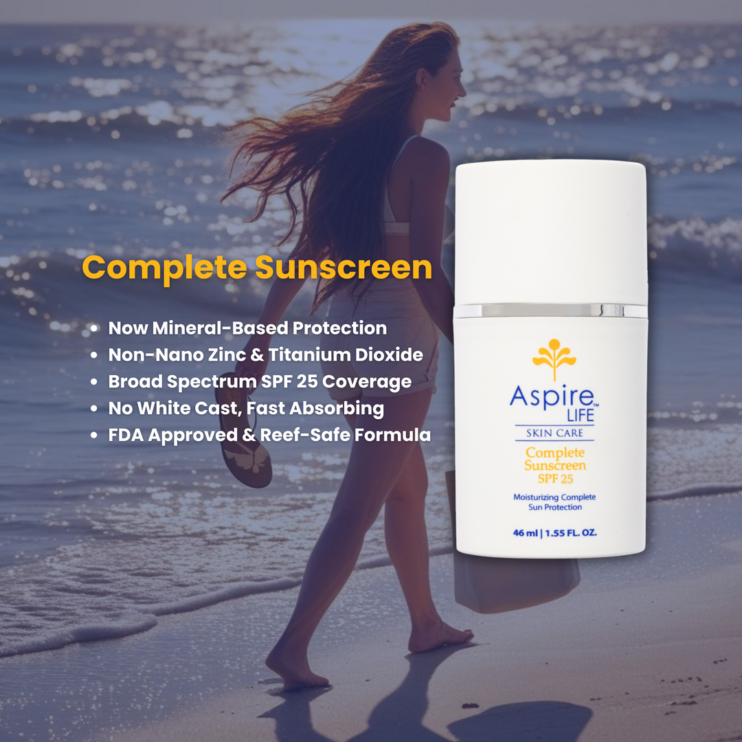 Complete Sunscreen SPF 25 is back in stock desktop banner which is mineral based, non nano zinc and titanium dioxide, fda approced and reef-safe skincare formula