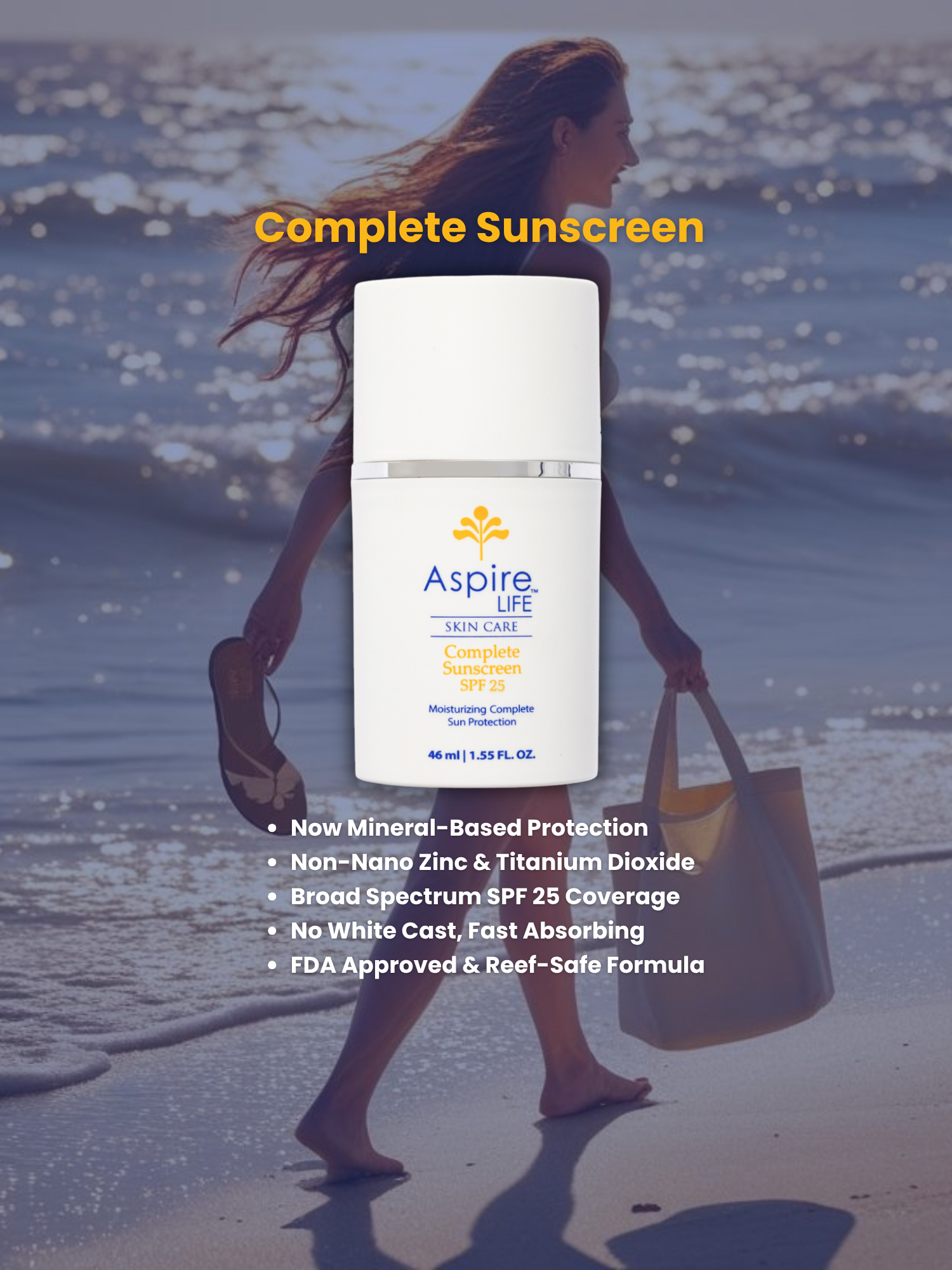 Complete Sunscreen SPF 25 is back in stock mobile banner which is mineral based, non nano zinc and titanium dioxide, fda approced and reef-safe skincare formula