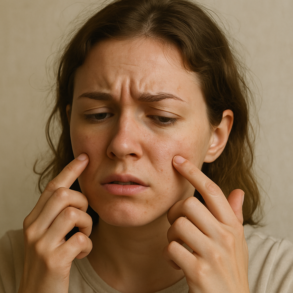 Woman uncomfortable and frustrated looking for a simple skincare routine using clean moisturizer and lotion. Keywords: skincare, skin care, moisturizer, simple skincare, skincare simplified.

