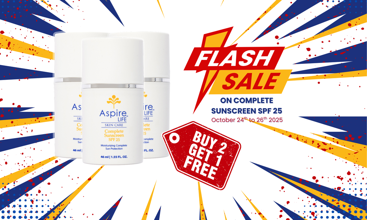 AspireLIFE® flash sale artwork promoting Buy 2 Get 1 Free on the Complete Sunscreen with mineral broad-spectrum protection.