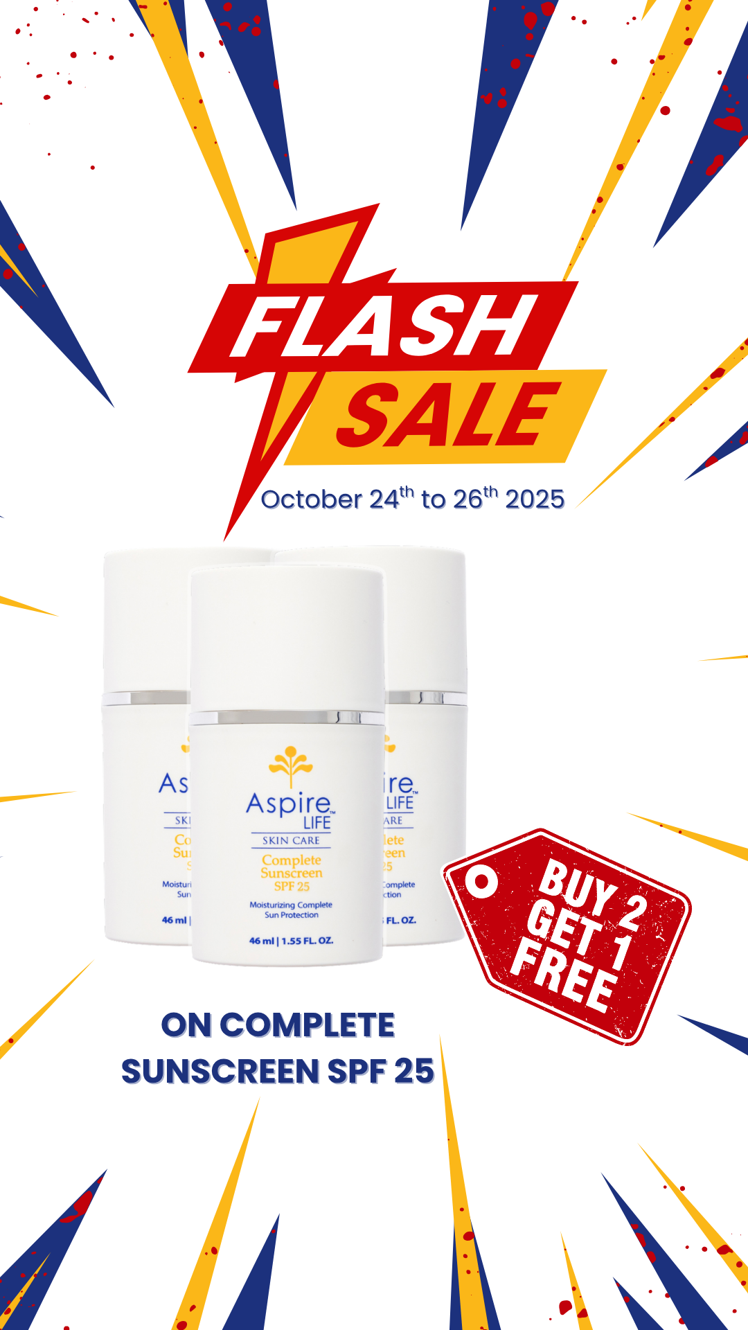 AspireLIFE® flash sale artwork promoting Buy 2 Get 1 Free on the Complete Sunscreen with mineral broad-spectrum protection.