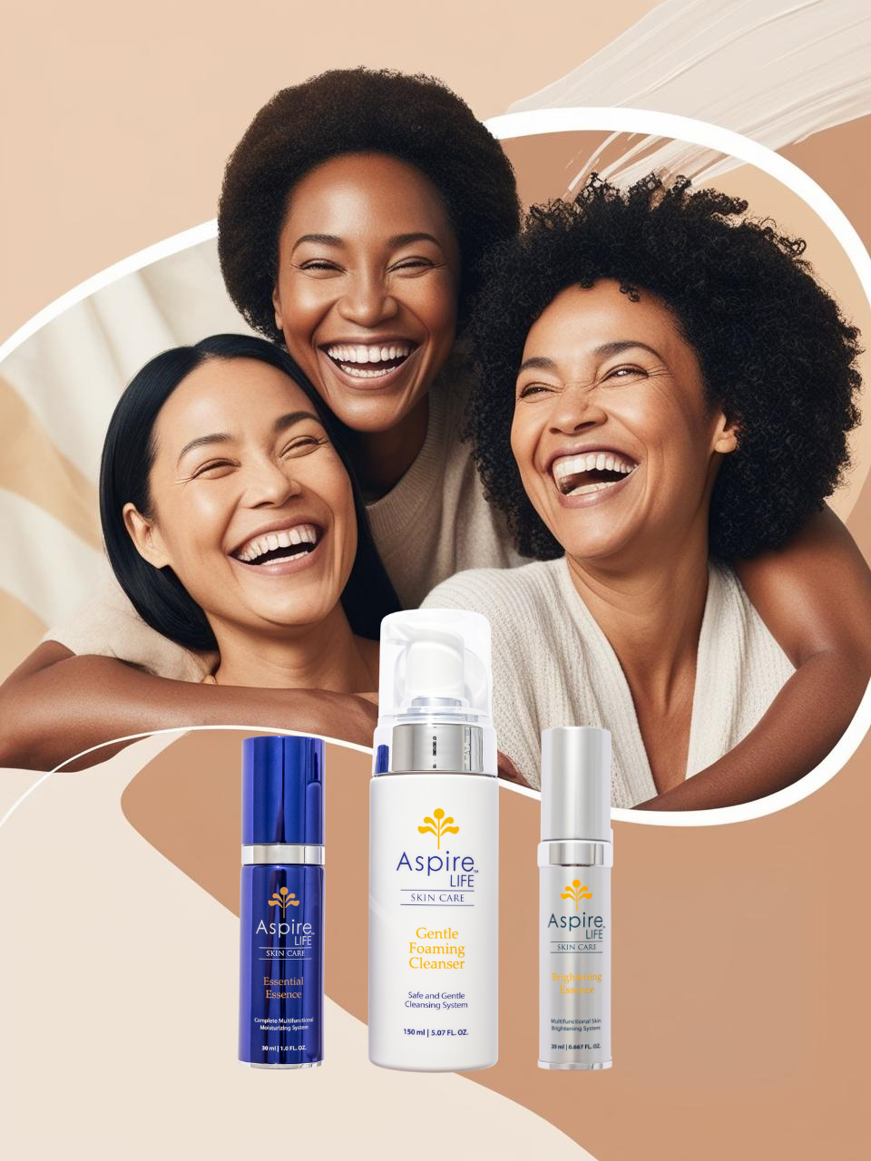 AspireLIFE® Balanced Glow Set featuring the Gentle Foaming Cleanser, Essential Essence, and Brightening Essence. A complete summer skincare routine designed to cleanse, hydrate, and brighten. Ideal for glowing, balanced skin with simplified skin care steps.