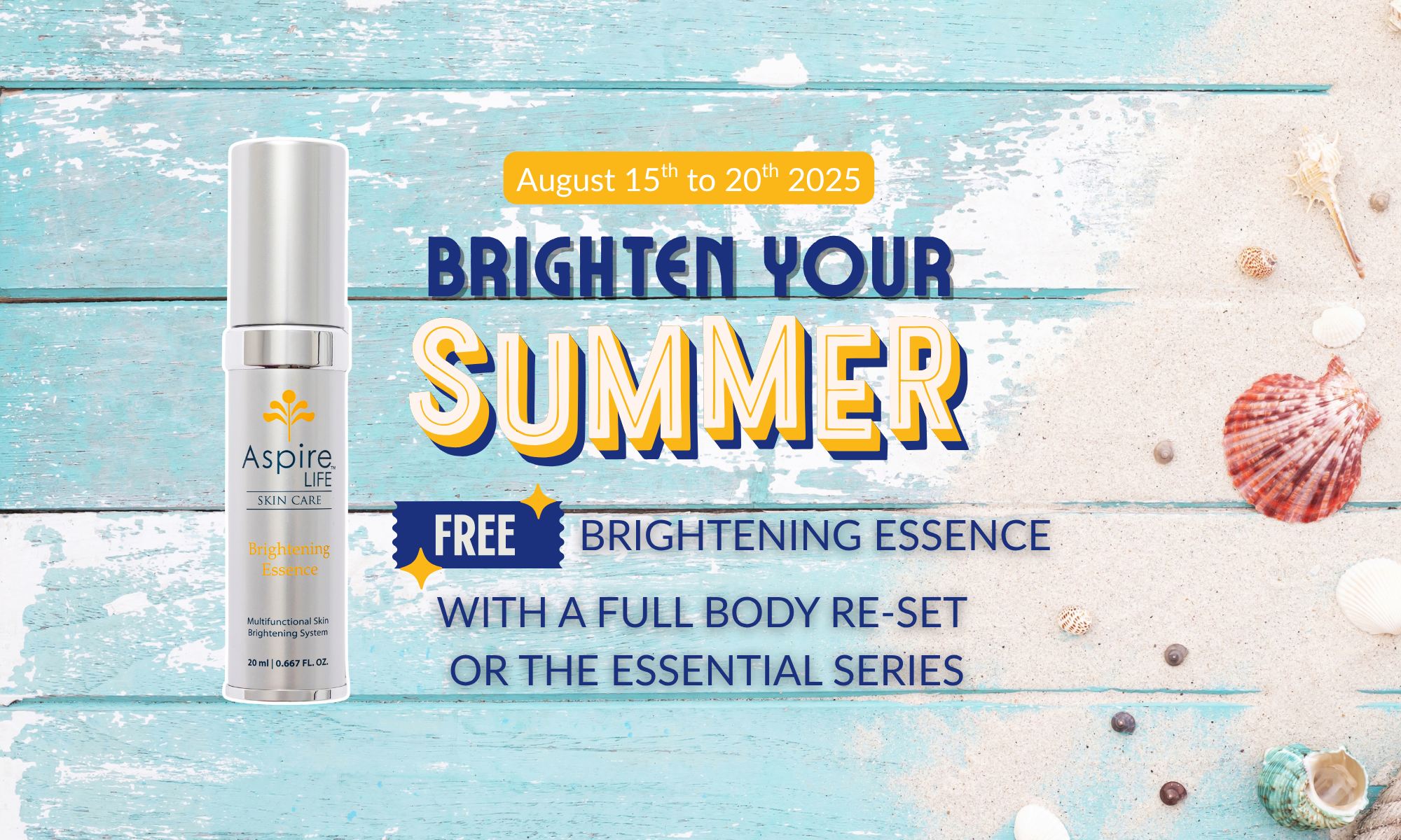 Promotional banner for Aspire Skin Care with a bottle of skincare product on a blue wooden background.