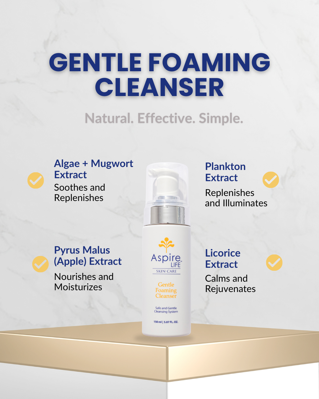 AspireLIFE® Gentle Foaming Cleanser – fragrance-free natural face wash for sensitive skin with marine and plant-based ingredients.