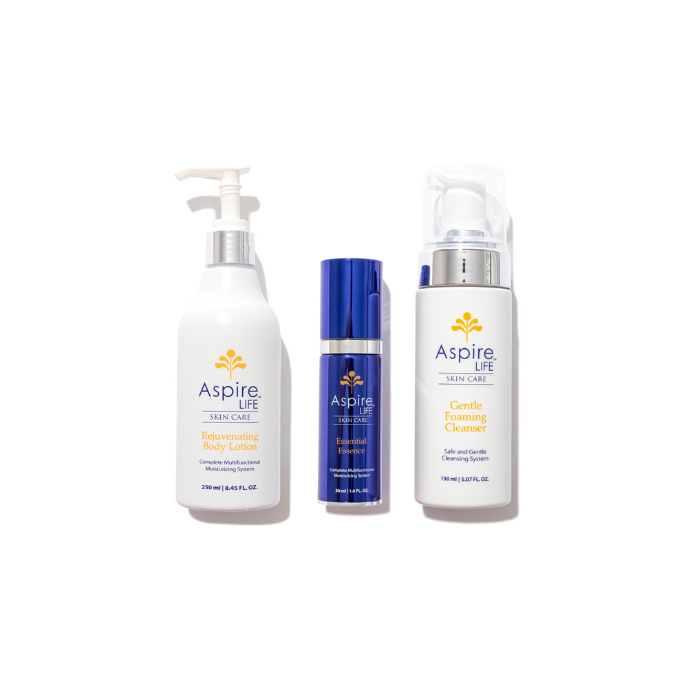 AspireLIFE® Full Body Re- Set featuring the Gentle Foaming Cleanser, Essential Essence, and Rejuvenating Body lotion. A complete skincare routine designed to cleanse, hydrate, and moisturize. Ideal for all skin types with simplified skin care steps.