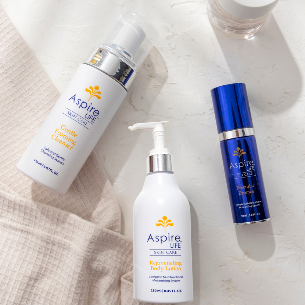 AspireLIFE® Full Body Re- Set featuring the Gentle Foaming Cleanser, Essential Essence, and Rejuvenating Body lotion. A complete skincare routine designed to cleanse, hydrate, and moisturize. Ideal for all skin types with simplified skin care steps.