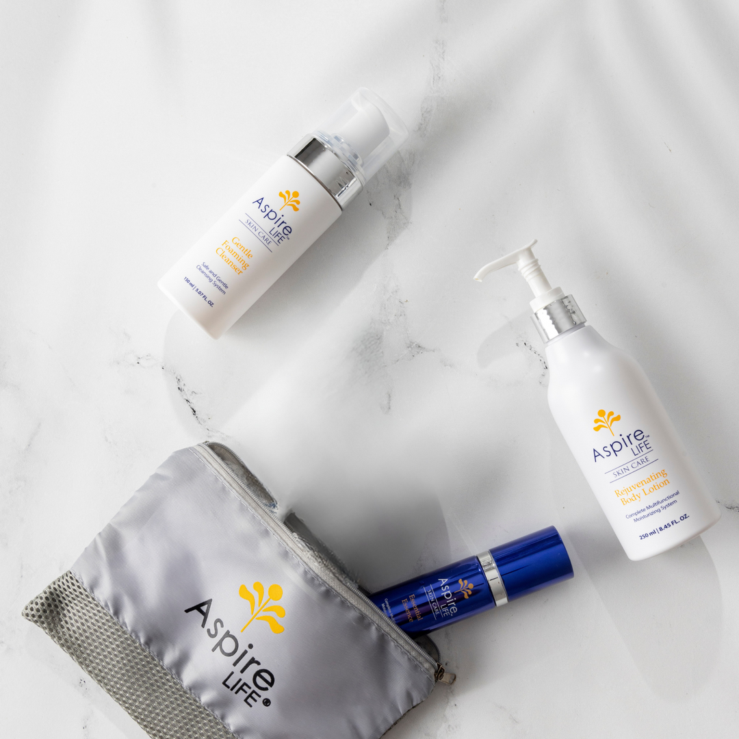 AspireLIFE® Full Body Re- Set featuring the Gentle Foaming Cleanser, Essential Essence, and Rejuvenating Body lotion. A complete skincare routine designed to cleanse, hydrate, and moisturize. Ideal for all skin types with simplified skin care steps.