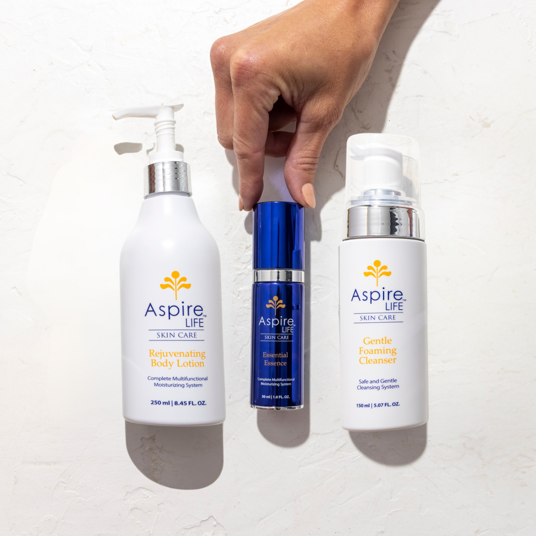 AspireLIFE® Full Body Re- Set featuring the Gentle Foaming Cleanser, Essential Essence, and Rejuvenating Body lotion. A complete skincare routine designed to cleanse, hydrate, and moisturize. Ideal for all skin types with simplified skin care steps.