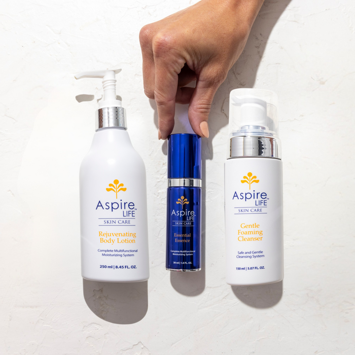 AspireLIFE® Full Body Re- Set featuring the Gentle Foaming Cleanser, Essential Essence, and Rejuvenating Body lotion. A complete skincare routine designed to cleanse, hydrate, and moisturize. Ideal for all skin types with simplified skin care steps.