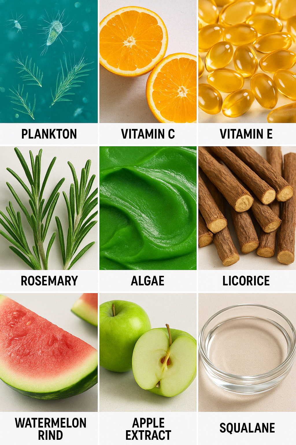 Collage of critical skincare ingredients in AspireLIFE skincare products
