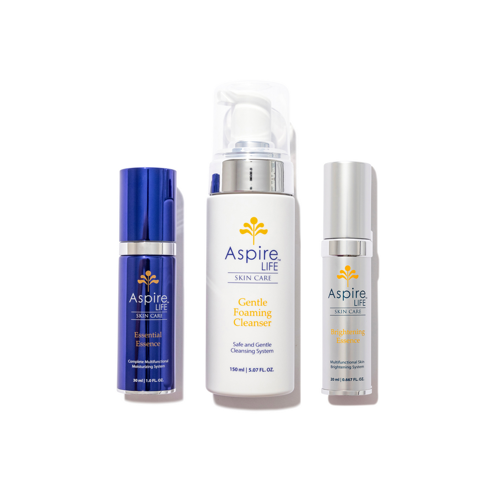 AspireLIFE® Balanced Glow Set featuring the Gentle Foaming Cleanser, Essential Essence, and Brightening Essence. A complete skincare routine designed to cleanse, hydrate, and brighten. Ideal for glowing, balanced skin with simplified skin care steps.